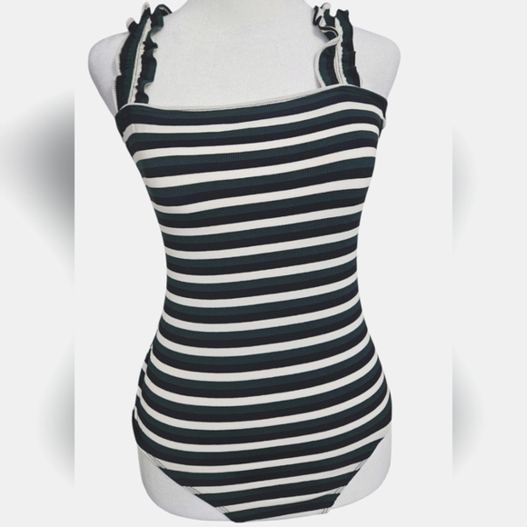 WISHLIST Teal/black/white ribbed sleeveless ruffle strap bodysuit.Size Small NWT - Picture 1 of 8